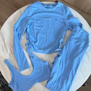 3 PIECE SET: Kamo Fitness Light Blue Women's Leggings, Bra, Long sleeve